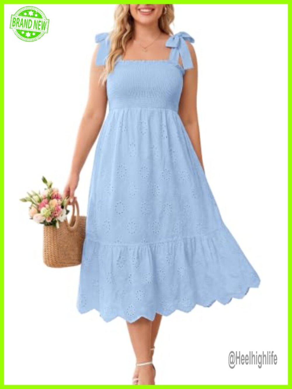Plus Size Smocked Eyelet Midi Sundress Adjustable Straps High Waist
